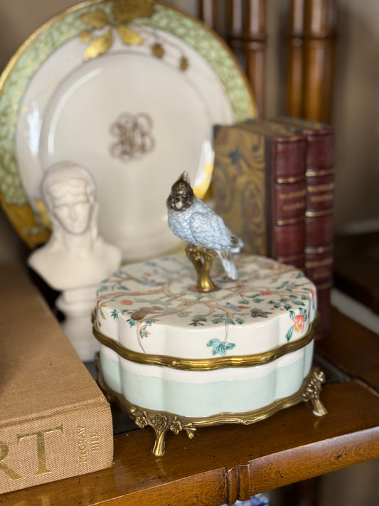 Danny’s Fine Porcelain | “Garden of Life” Porcelain Box with Bronze Ormolu & Bird Finial – 6”