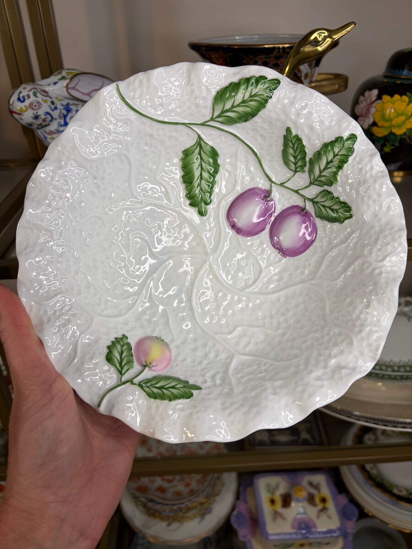 Beautiful cabbage ware white bowl with fruit!