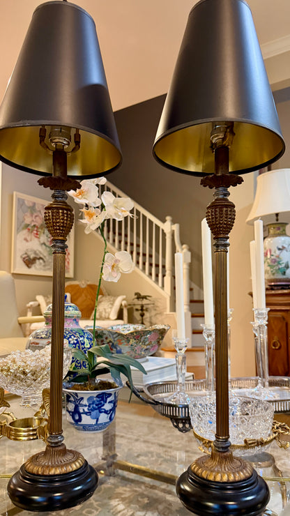 Stunning Statuesque pair of vintage gold gild & Ebony Buffet lamps 31 in w shades