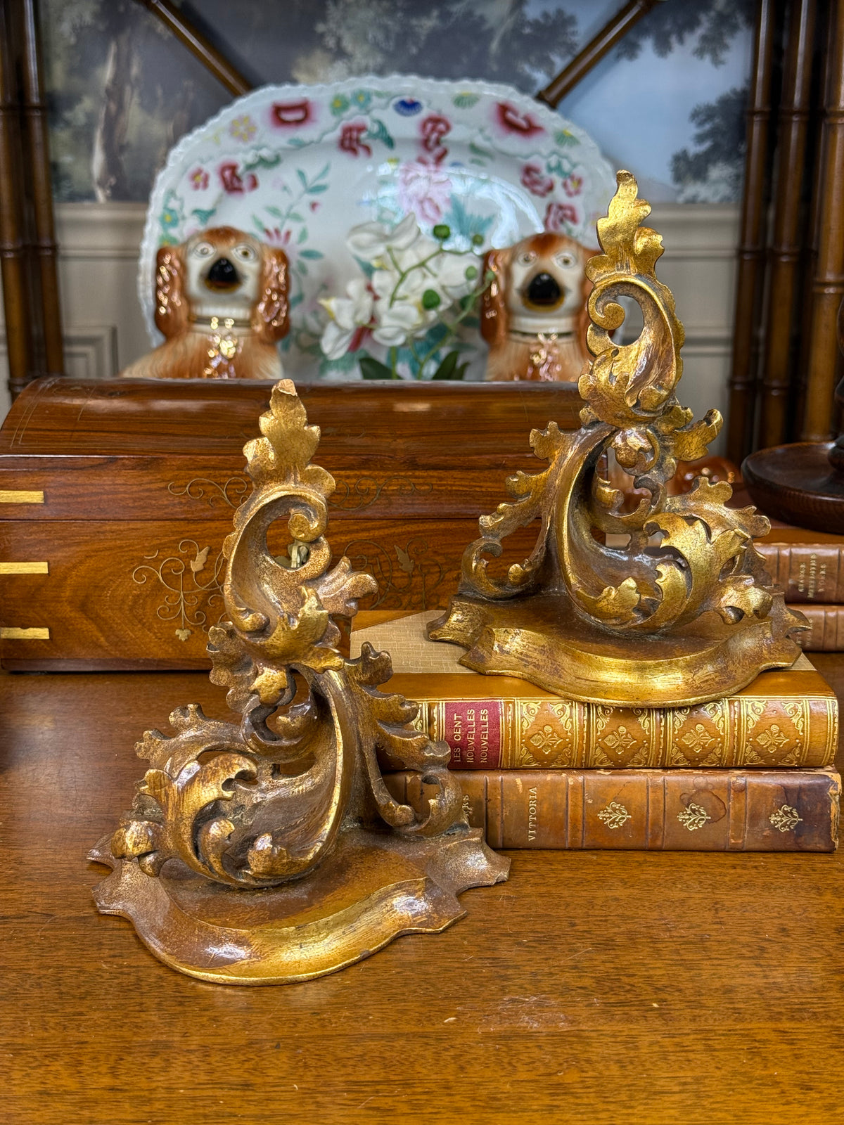 Pair of Vintage Italian Rococo Carved Giltwood Wall Brackets / Sconces, c. 1950 – 8”H