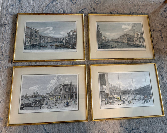 Antique set of 4 gallery framed 19th c hand-colored engravings of Italian architectural scenes