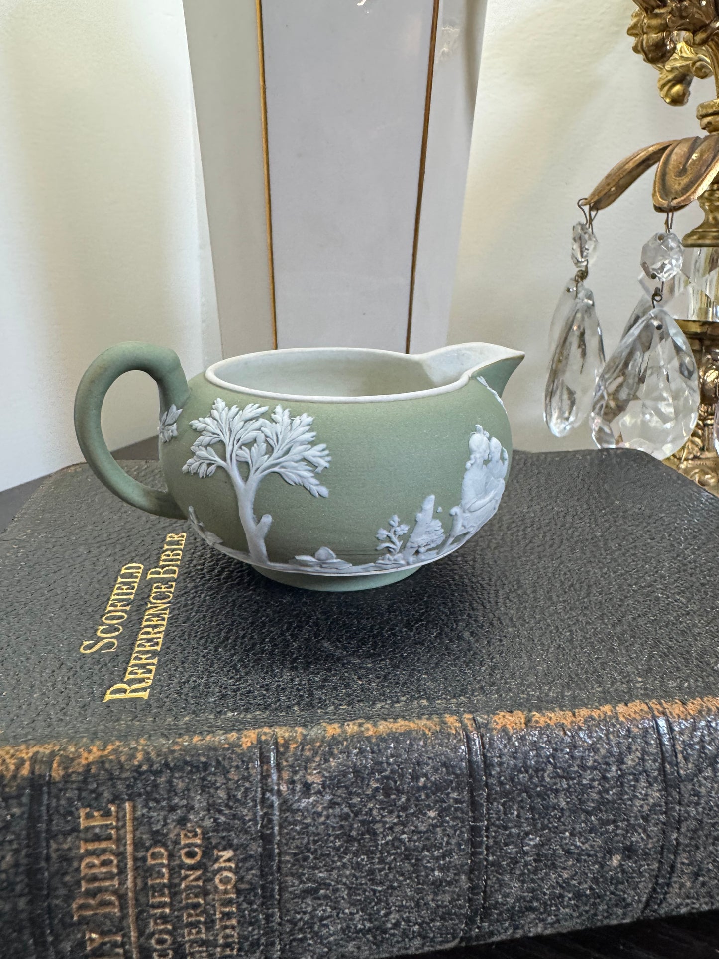 Wedgwood antique creamer sage green jasperware
