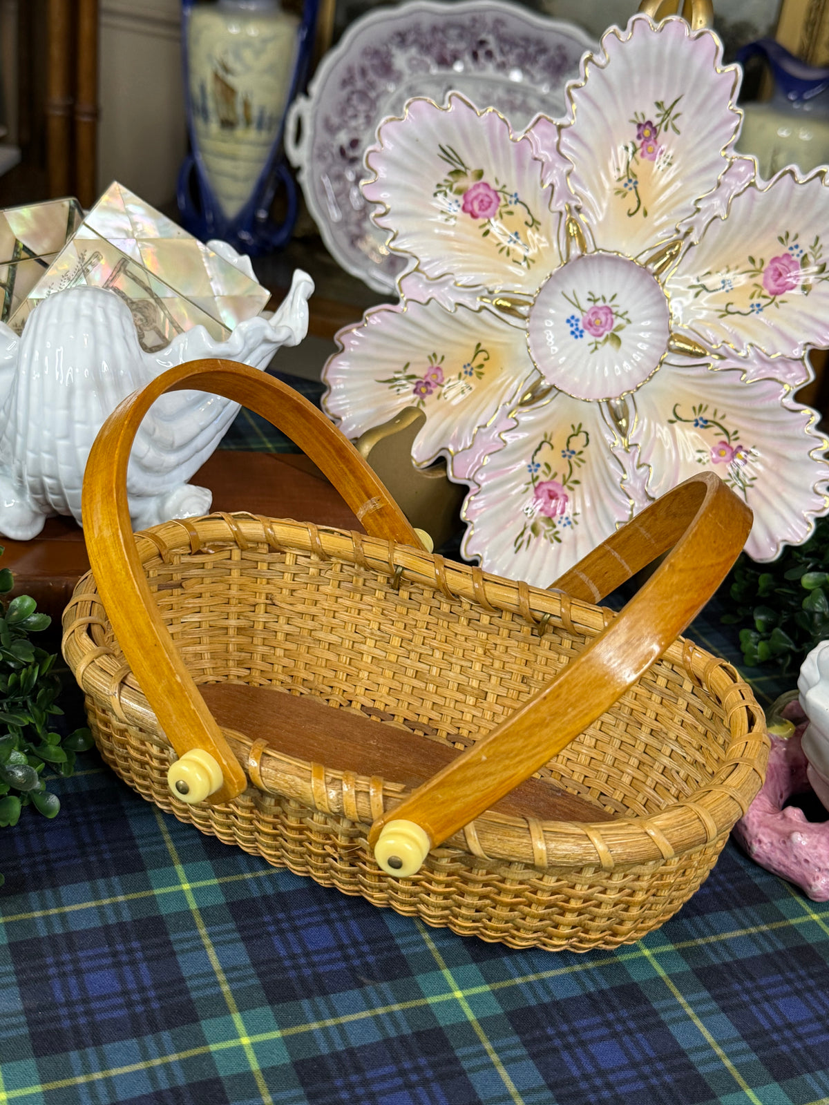 Vintage Nantucket-Style Woven Cane Basket with Double Bentwood Handles | Mid-Century