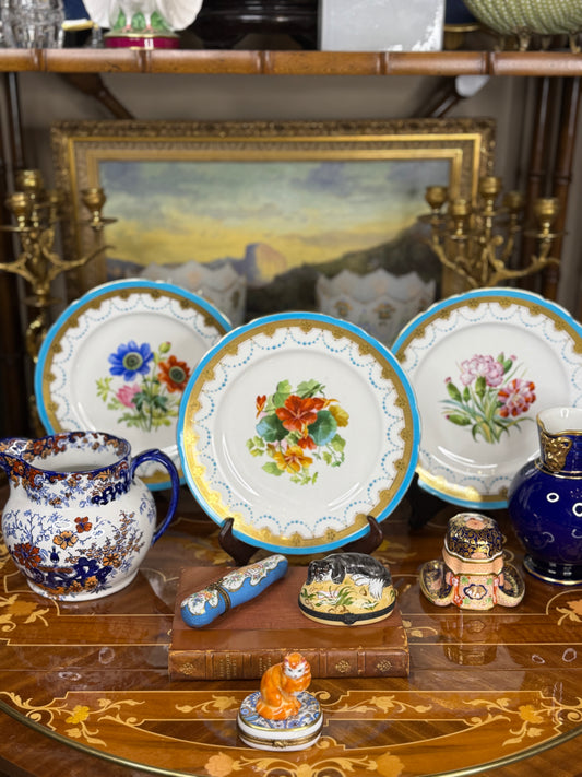 Antique Set of 3 Minton Botanical Hand-Painted Dessert Plates with Raised Jewelling & Acid-Etched Gilding – 9” Dia.