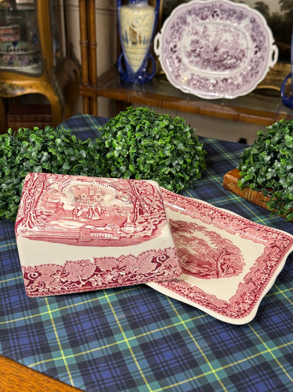 Vintage Mason’s Vista Pink Transferware Covered Cheese Dish & Underplate | England