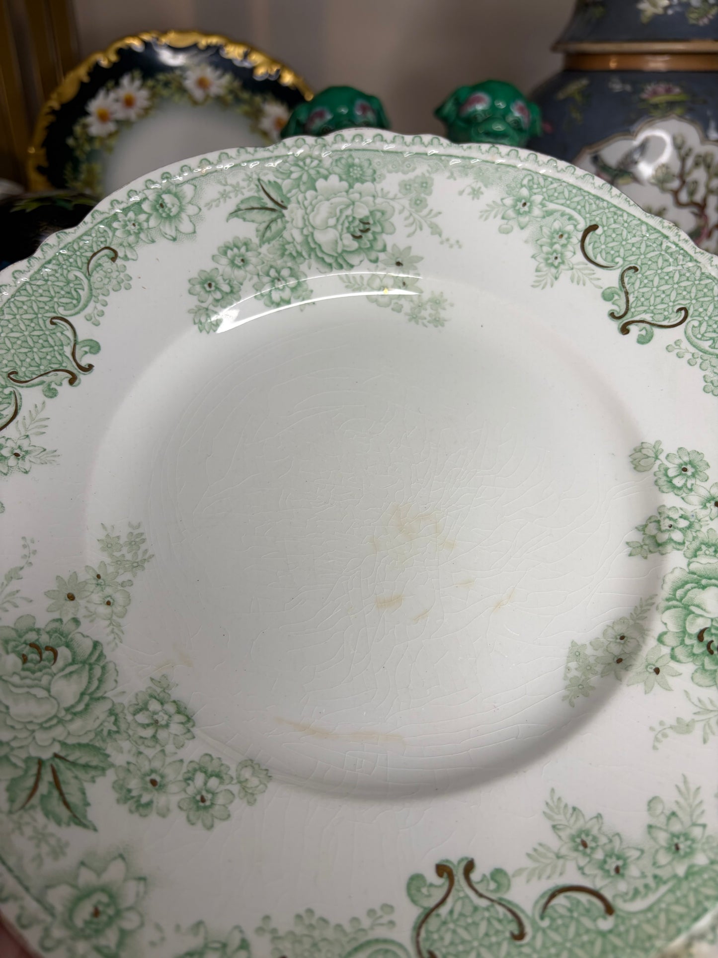 Gorgeous green and white transferware plate! As is!