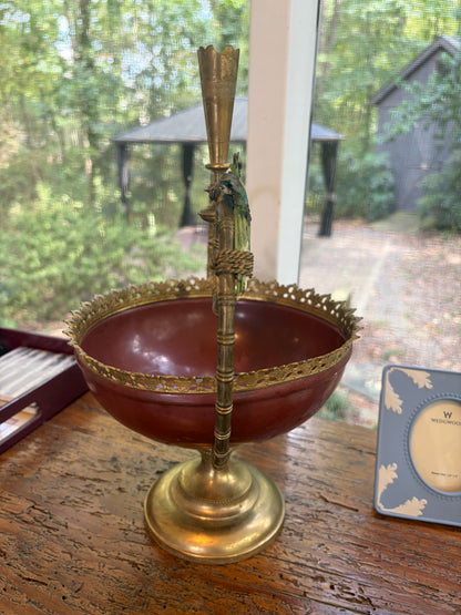 Lovely decorative brass centerpiece bowl or tazza featuring a reddish-maroon enameled body!