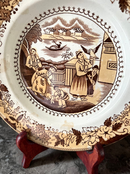 Reserved Live 7/7 Rare Antique Brown Transferware Plate | 19th Century English Chinoiserie “Mongol Huntsman” Falconer Pattern | Staffordshire Earthenware
