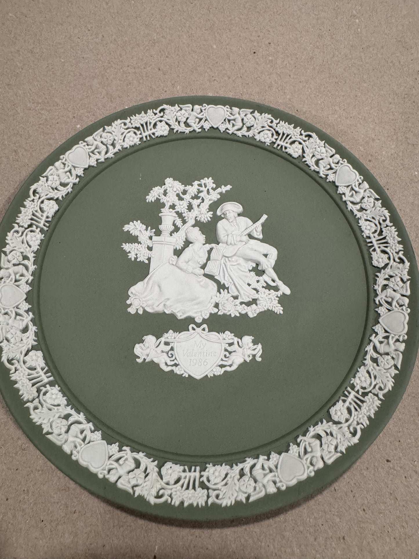 Wedgwood sage green Jasperware My Valentine Plate 1986