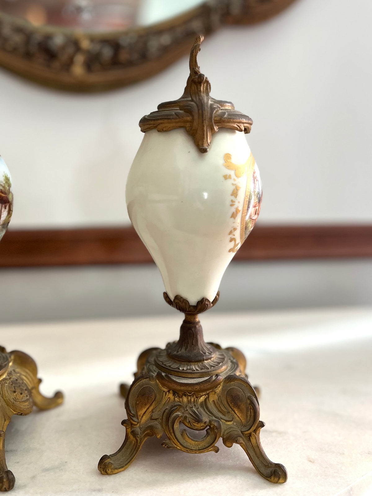 Pair of French Hand-Painted Pastoral Porcelain & Bronze Garniture Urns