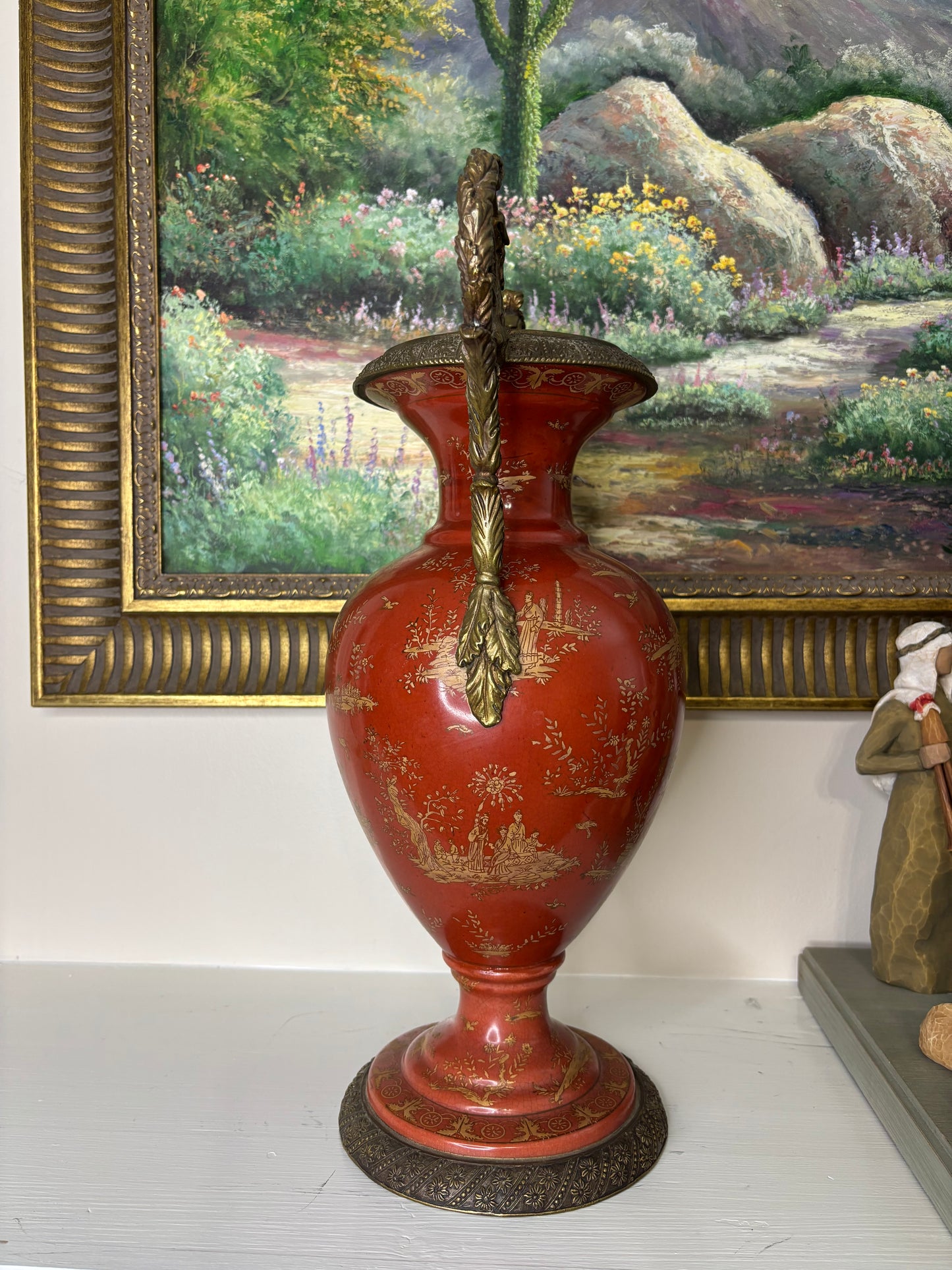 Gorgeous red and gold 18” vase with bronze ormolu handles and base!