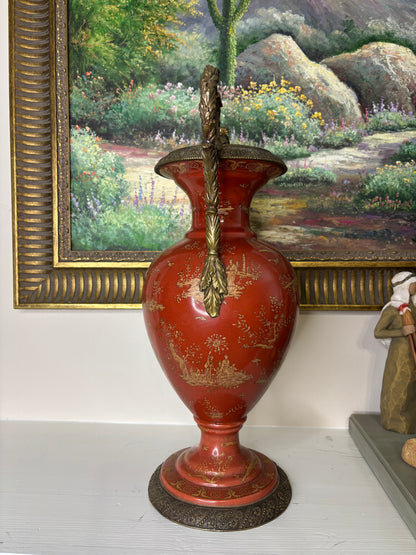 Gorgeous red and gold 18” vase with bronze ormolu handles and base!