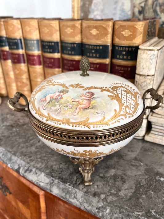 Antique French Porcelain Covered Bonbonnière with Hand-Painted Cherubs & Gilt Mounts - Signed