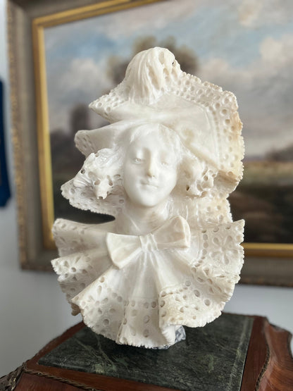 Whisper of Lace — Intricate Detailed Victorian Alabaster Lady Bust on Marble Plinth Circa 1880-1910 - 15”