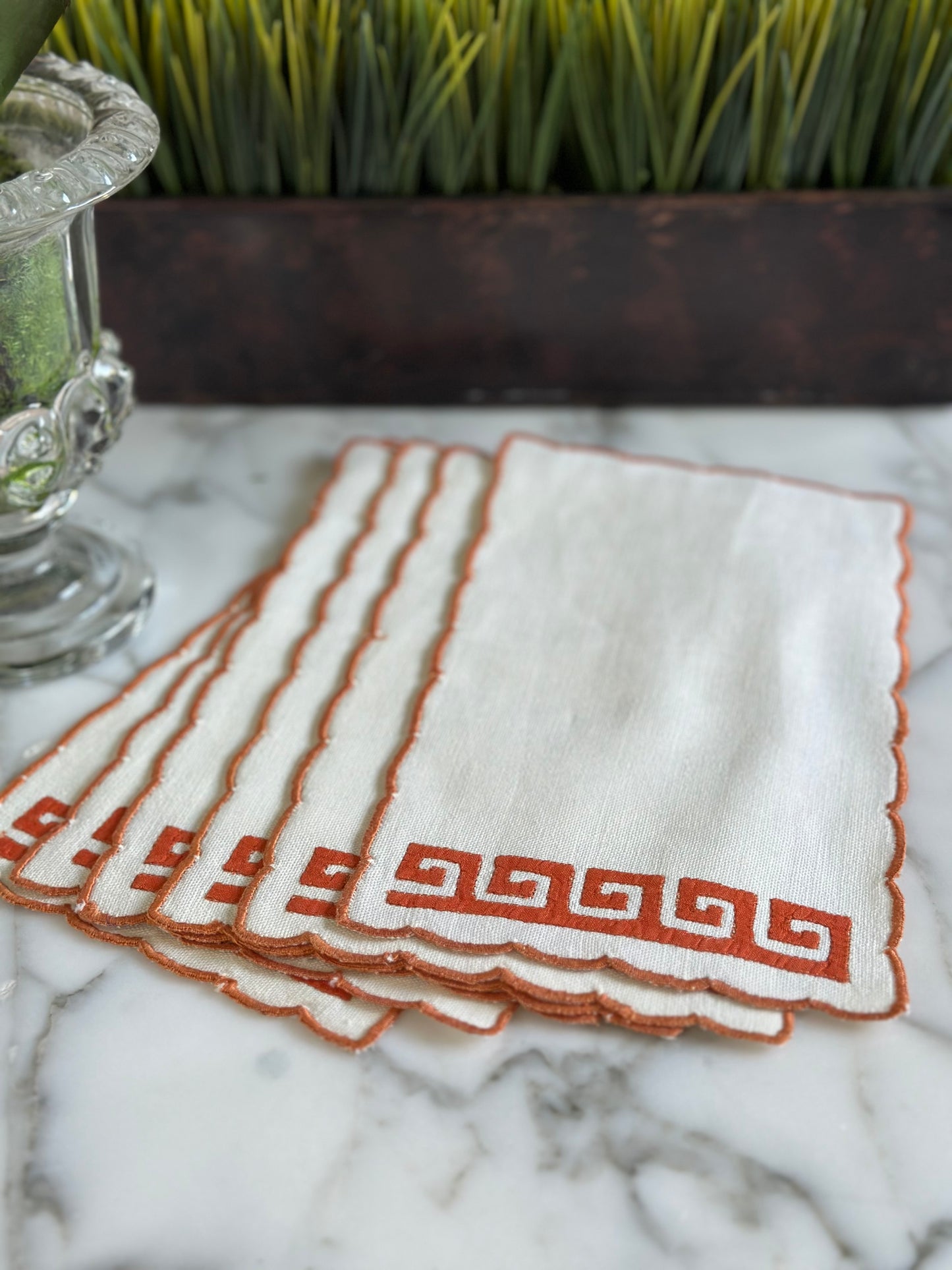 Vintage set of (6) vintage greek-key embroidered, 8x5" Linen napkins