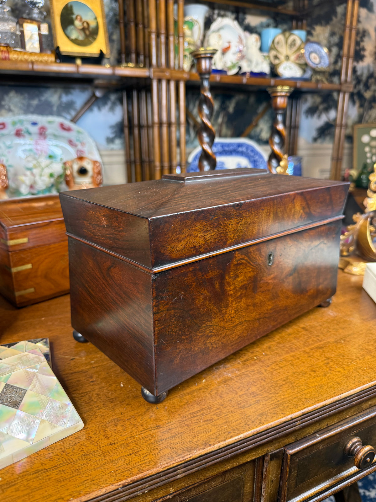 Antique Victorian Mahogany Smoking Compendium with Cut Crystal Tobacco Jar & Fitted Interior, c. 1890–1910 – 12”W