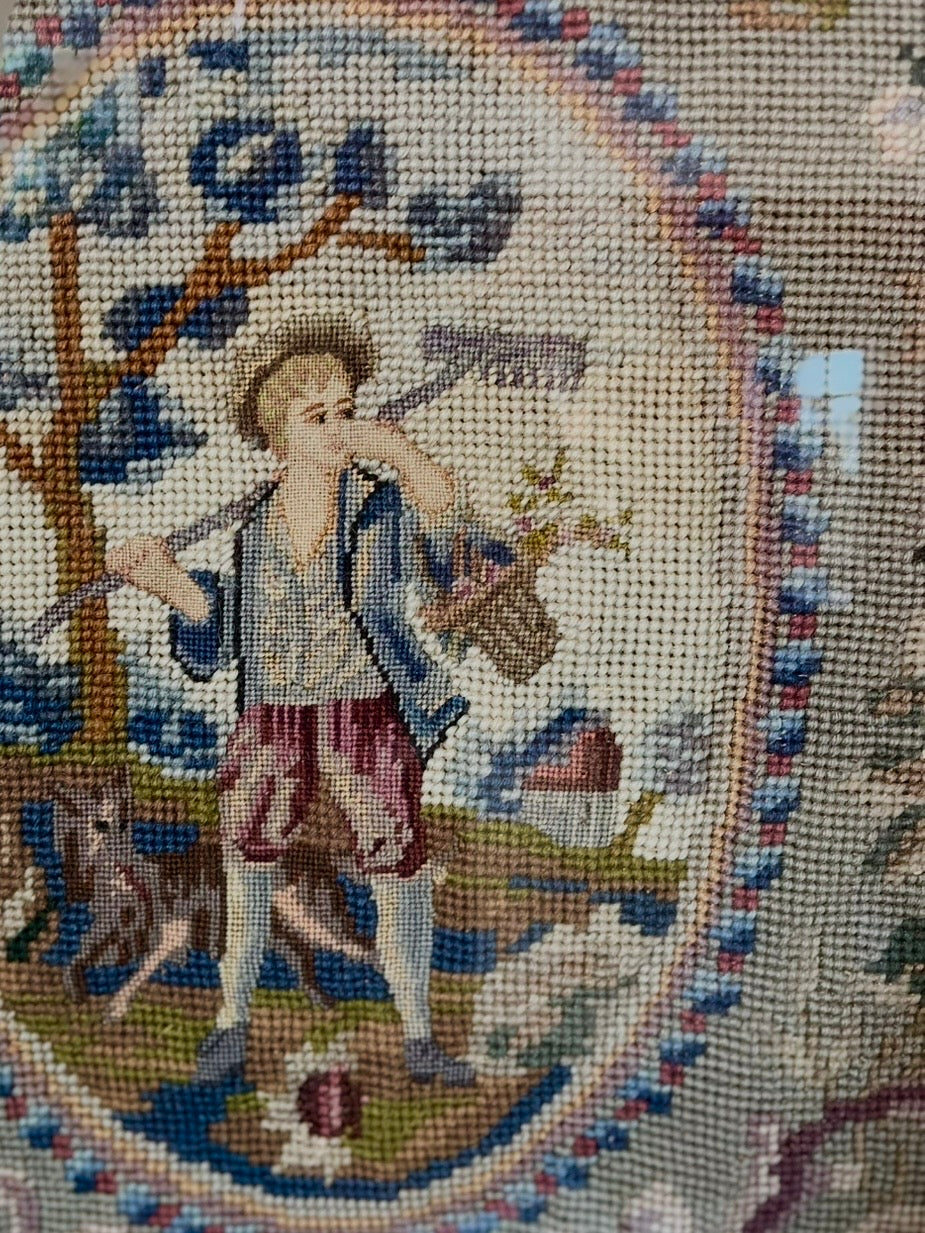 Antique Berlin Wool Needlepoint with Romantic Figure & Floral Garland — Gilt Framed