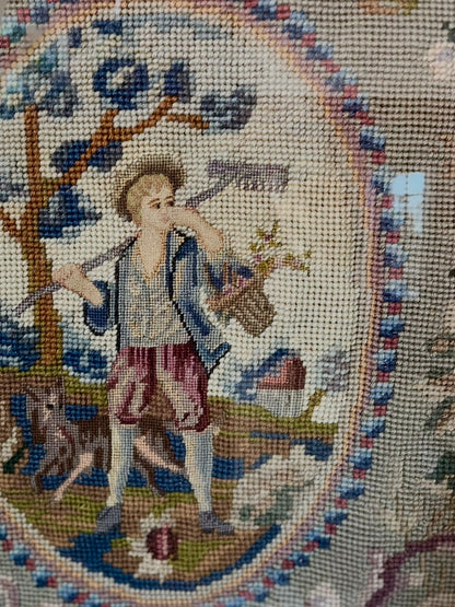 Antique Berlin Wool Needlepoint with Romantic Figure & Floral Garland — Gilt Framed