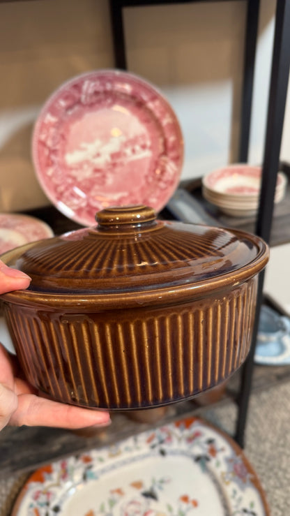 Vintage Brown Stoneware Covered Casserole with Six Individual Crocks