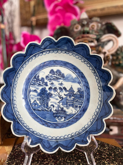 Rare Antique Blue Canton Chinese Export Scalloped Plate | Hand-Painted Porcelain