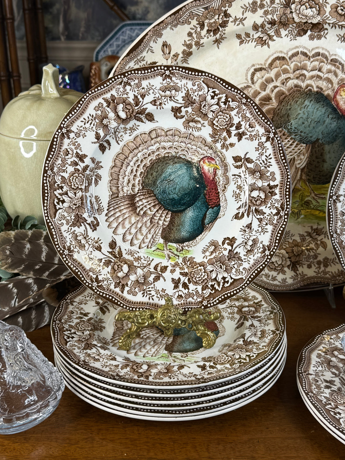 🔥ON AUCTION 🔥 Vintage Royal Staffordshire Dinnerware by Clarice Cliff | Tonquine Turkey 10 Dinner Plates & Large Platter | Thanksgiving Transferware | Made in England