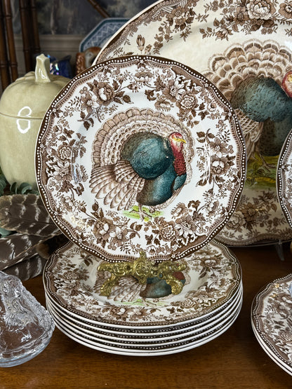 🔥ON AUCTION 🔥 Vintage Royal Staffordshire Dinnerware by Clarice Cliff | Tonquine Turkey 10 Dinner Plates & Large Platter | Thanksgiving Transferware | Made in England