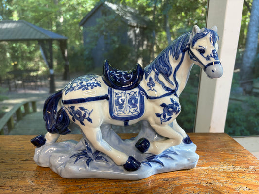 Lovely blue and white chinoiserie horse figurine!