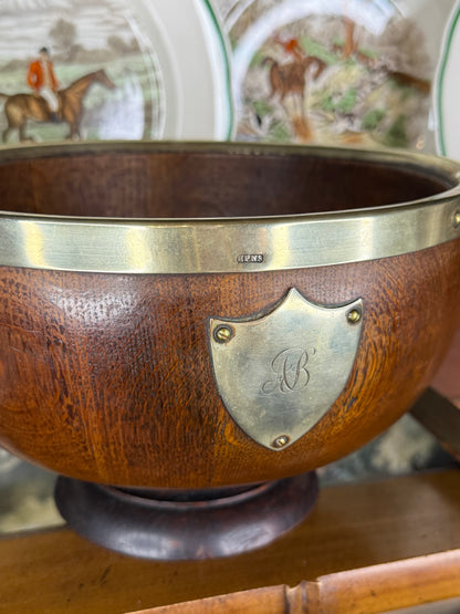 RESERVED - CGHOLL - Antique English Oak & EPNS Silver Plate Pedestal Trophy Bowl with Twin Handles & AB Monogram, c.1900, 14” W x 9” D x 6” H