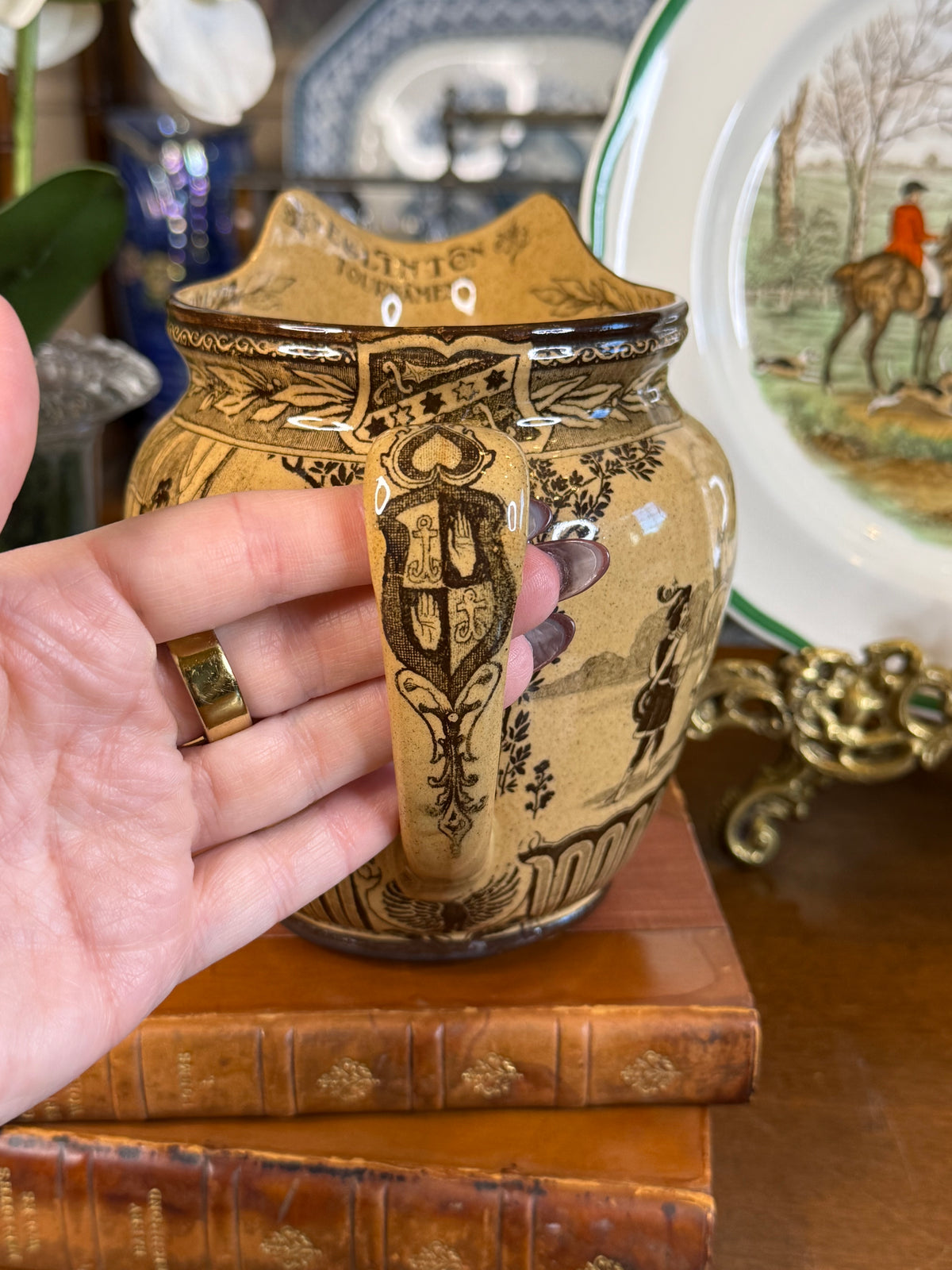 Antique Royal Doulton “Eglinton Tournament” Brown Transferware Equestrian Jug, Rd No. 408787, c.1904, 7” W x 5.5” H