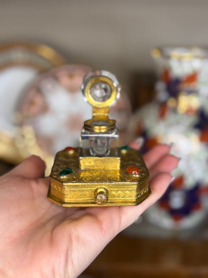 Antique Gilt Bronze & Crystal Inkwell | Jeweled Desk Inkstand | 3” Base