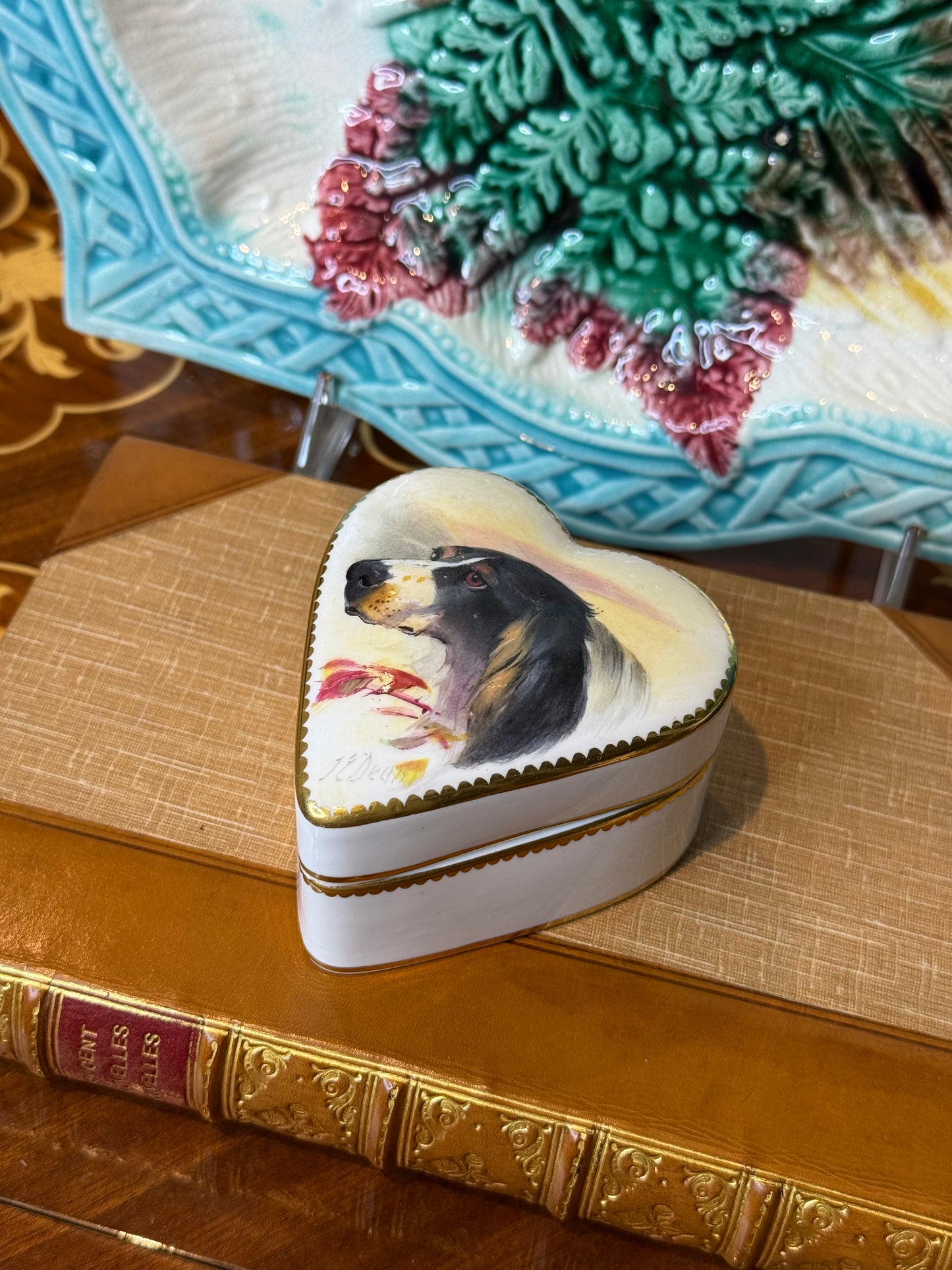 Antique Minton Heart-Shaped Trinket Box | Hand-Painted Borzoi Sporting Dog Portrait by J.E. Dean | c.1920 | #DA2462