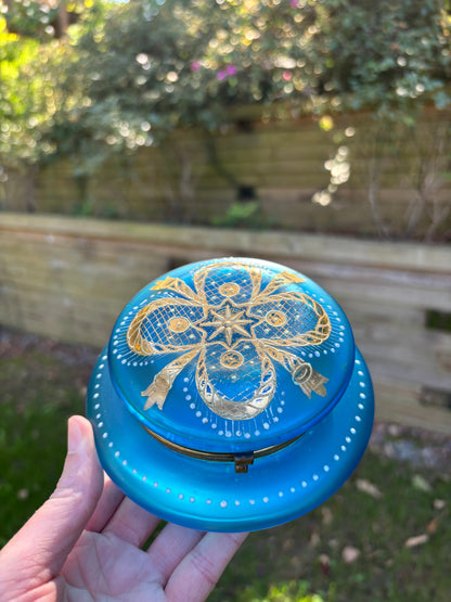 Gorgeous older blue and gold dresser box with handpainted details!