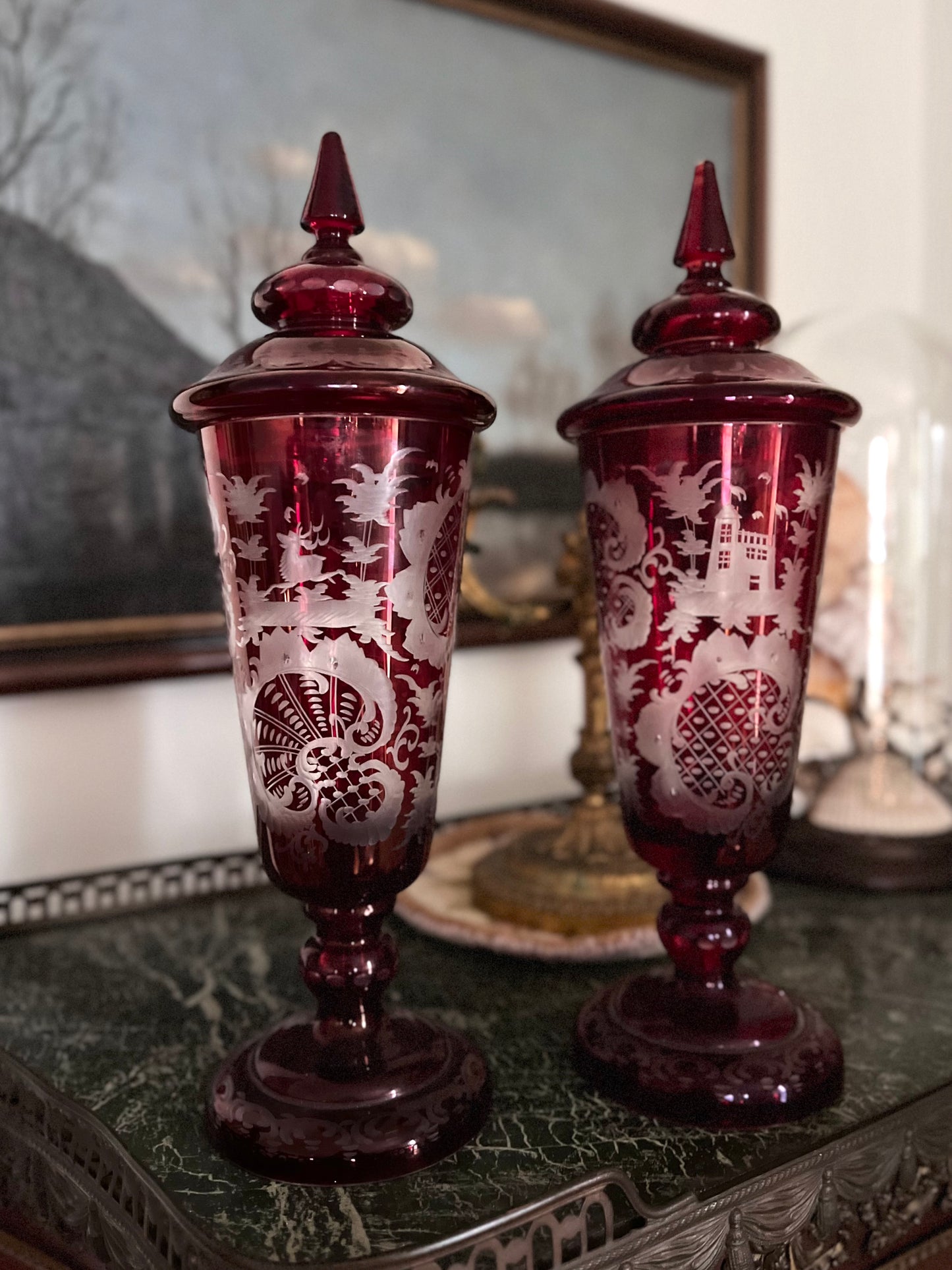 19th Century Continental Ruby Red Cut-to-Clear Lidded Goblets with Landscape Etching, Pair in perfect condition