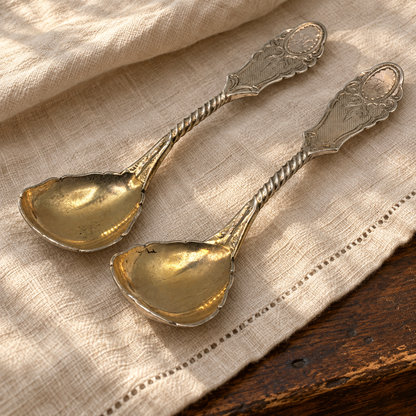 Antique W.W. Cassidy Coin Silver Spoons with Gilt Bowls — Pair