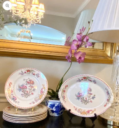 Stunning Set of 7 vintage porcelain rose canton chinoiserie designer dinner plates plus platter
