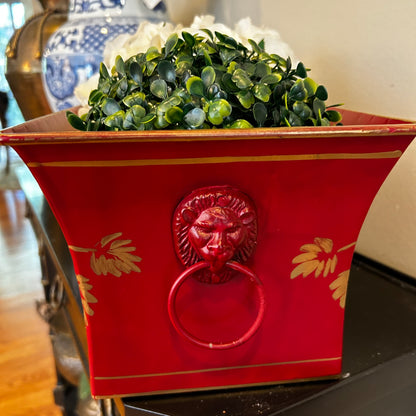 Festive Vintage Red double Lion Head handle tole Planter centerpiece