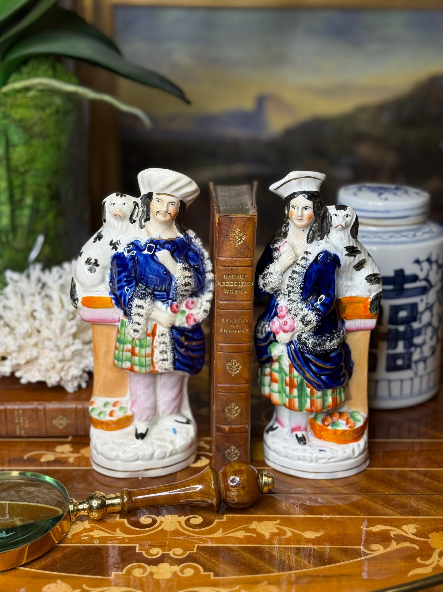 Antique Staffordshire Couple with Spaniel – Hand-Painted Figurines (c. 1860–1880), 9” Tall – Pair