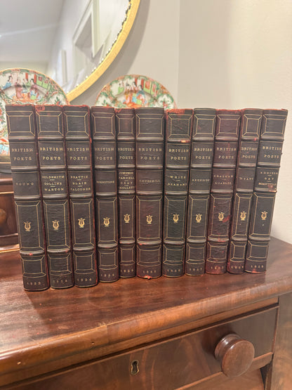 On Hold - Antique Set of 11 Leather Bound Marbled Front Books with Gold Leaf Pages - British Poets (1853-1859)