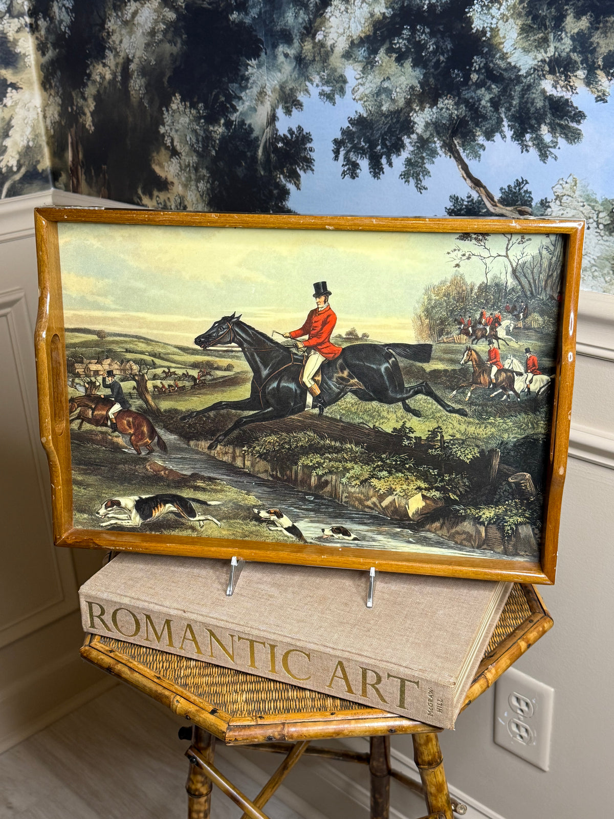 Vintage Equestrian Fox Hunt Serving Tray | Horse & Hound Scene | 17” × 12”