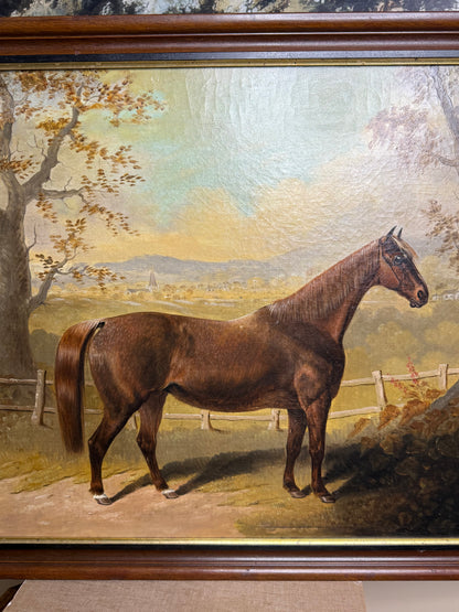 Attributed to John E. Ferneley Sr. English Thoroughbred Horse Portrait Oil Painting, c. 1848–1860 | Framed: 20.75” H × 26.75” W