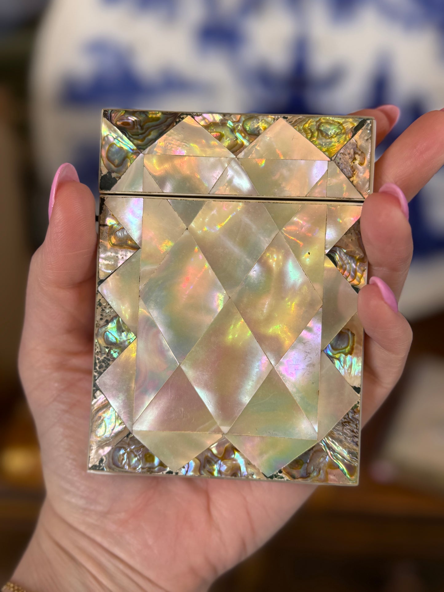 Antique Mother-of-Pearl & Abalone Calling Card Case | Geometric Mosaic Design | 4” x 3” | Victorian Era