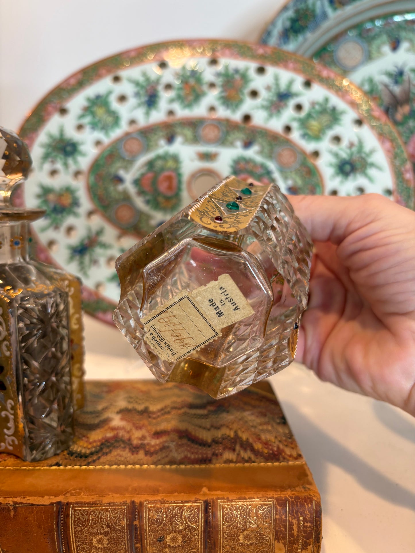 Spectacular Bohemian Cut Glass Perfume Bottles with Gilt enameling and Colorful Cobuchons