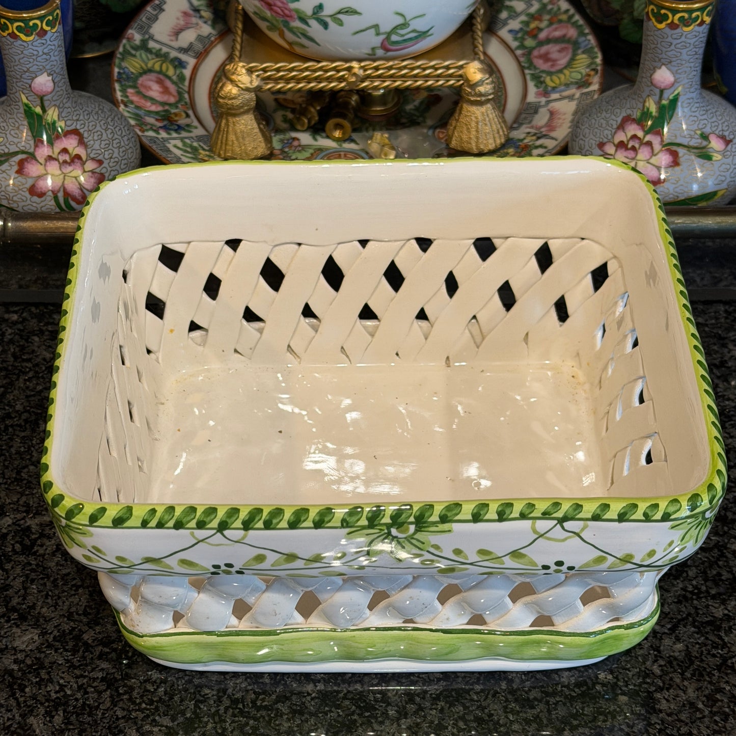 Vintage designer floral large planter or bread basket made in Portugal 8 x 7 x 5