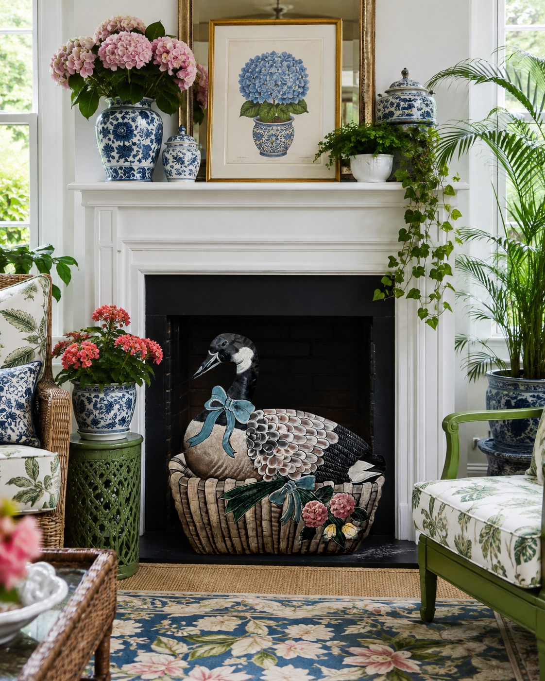 Live 08/04 Beautiful Hand Painted Tole Goose Fireplace Screen With Hydrangea - Easel Stand - Dimensional Punchouts