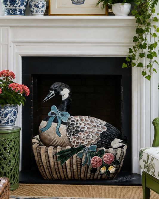 Beautiful Hand Painted Tole Goose Fireplace Screen With Hydrangea - Easel Stand - Dimensional Punchouts - Older Vintage