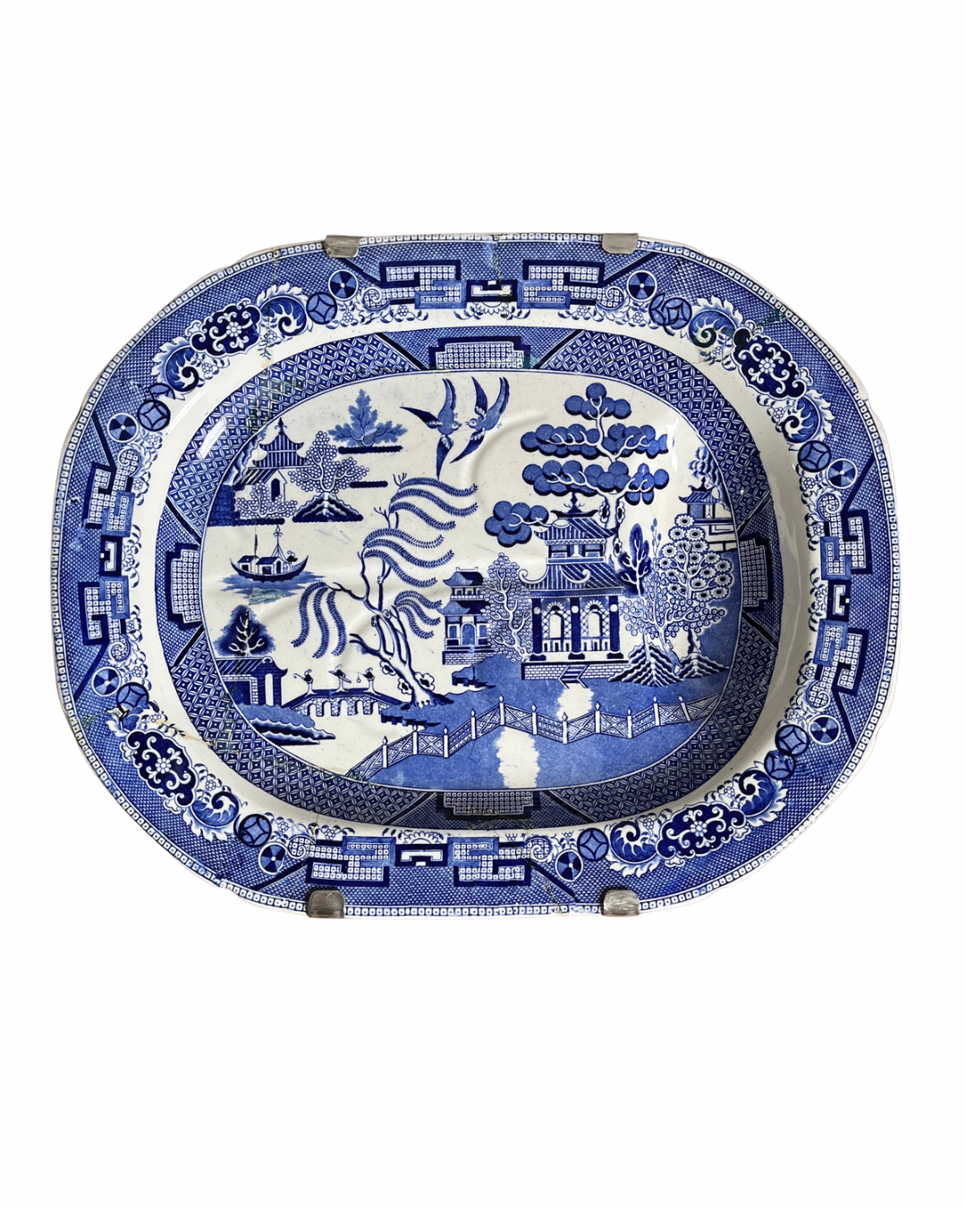 A True Collectors Piece Large Antique Ridgways Blue Willow Well & Tree Platter (1891–1894) | England | Historic Staple Repair | 21¼”