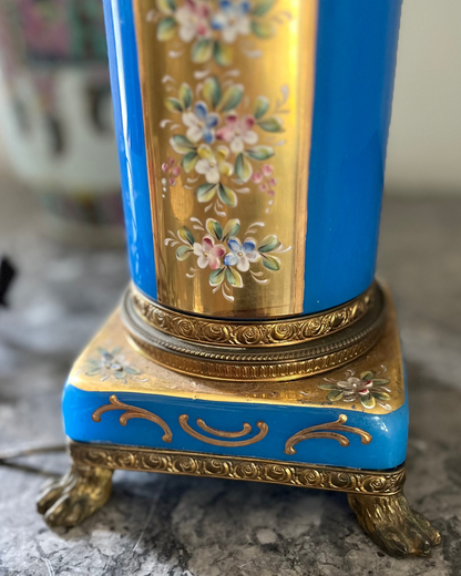 French Opaline & Bronze Column Lamp | Hand-Painted Enamel Florals Circa 1890-1920