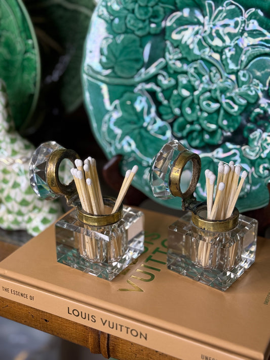 Antique Cut Crystal Ink-Wells W/Faceted Lids, Set of (2) |2.5” Tall