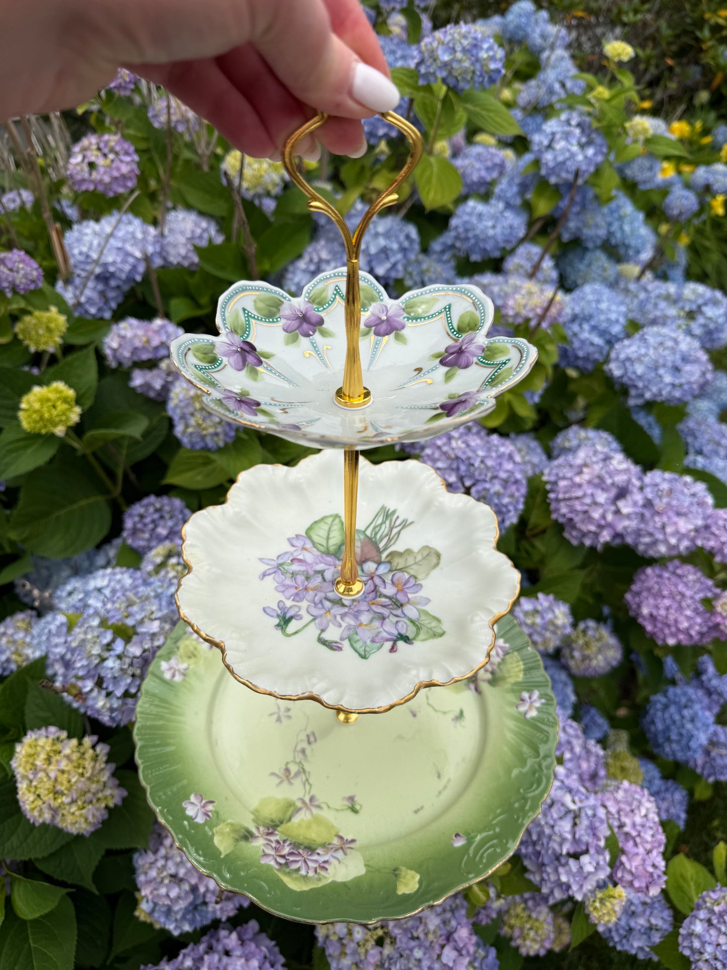RESERVED - THERESA- Vintage Green Hydrangea 3 Tier Plate Stand