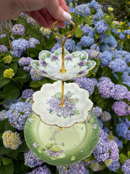 RESERVED - THERESA- Vintage Green Hydrangea 3 Tier Plate Stand